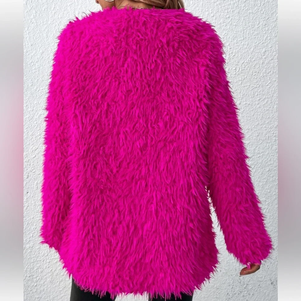 Cozy Faux Vegan Fur Open Front Jacket Coat Hot Pink - Picture 3 of 14